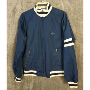 Vintage Izod Lacoste Jacket Men's Medium Navy Blue Stripe Canvas Unlined 80s